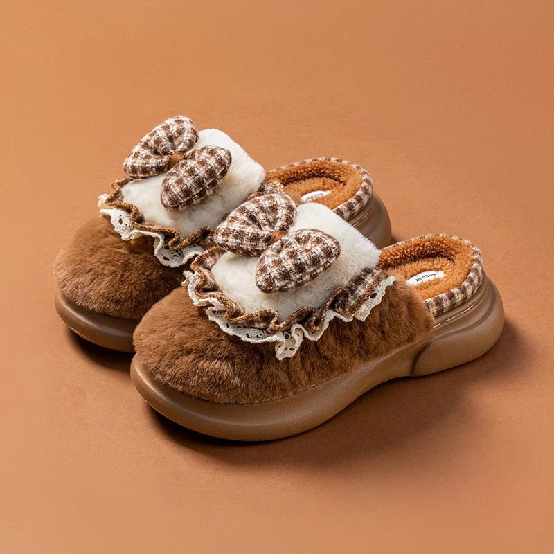 

New Winter Plaid Butterfly Lace Cotton Slippers Women Indoor Home Warm Cotton Slippers