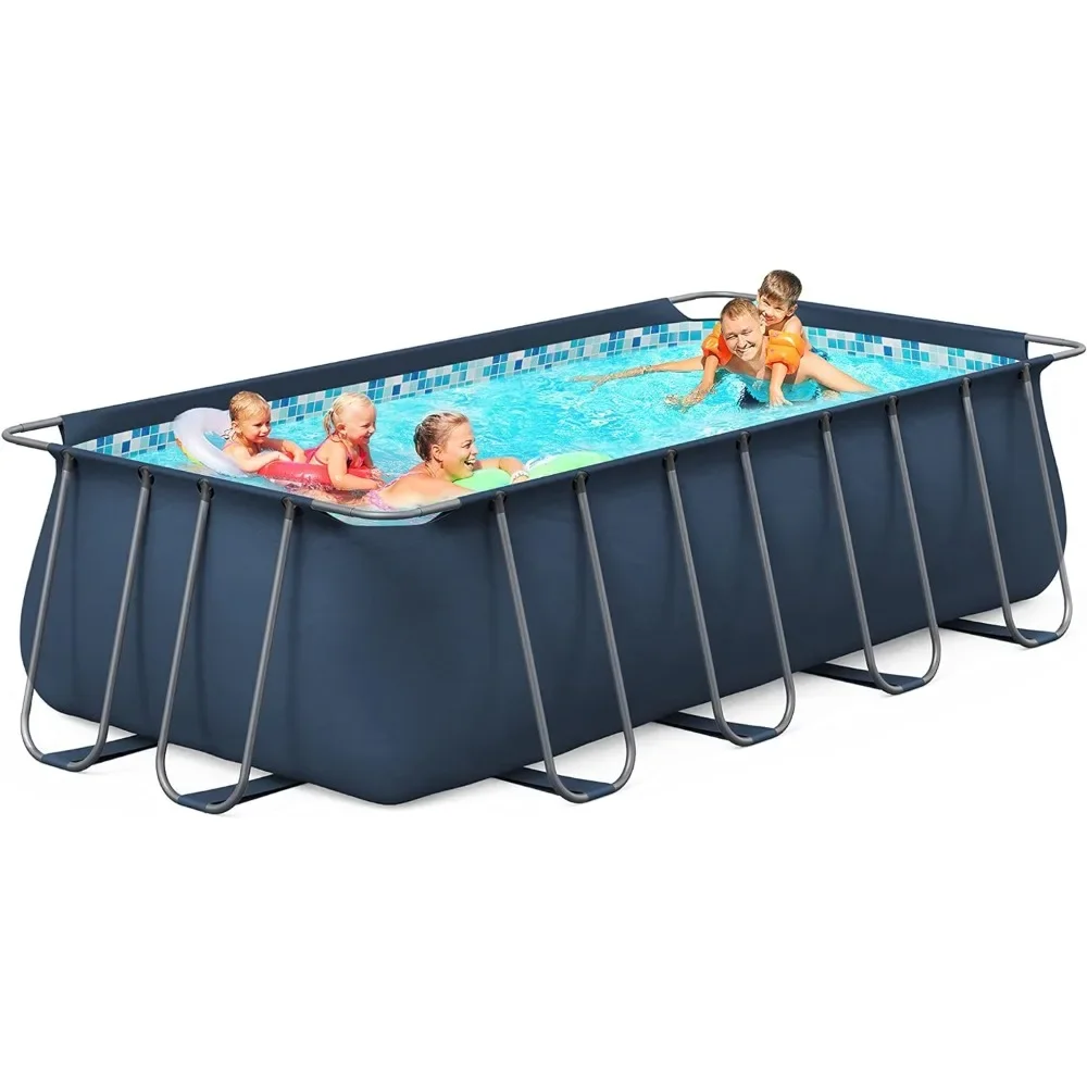 

14ft x 7ft x 48in Metal Frame Swimming Pool Set for Families, Rectangular Above Ground Pool Set with Cartridge Filter Pump, Blue