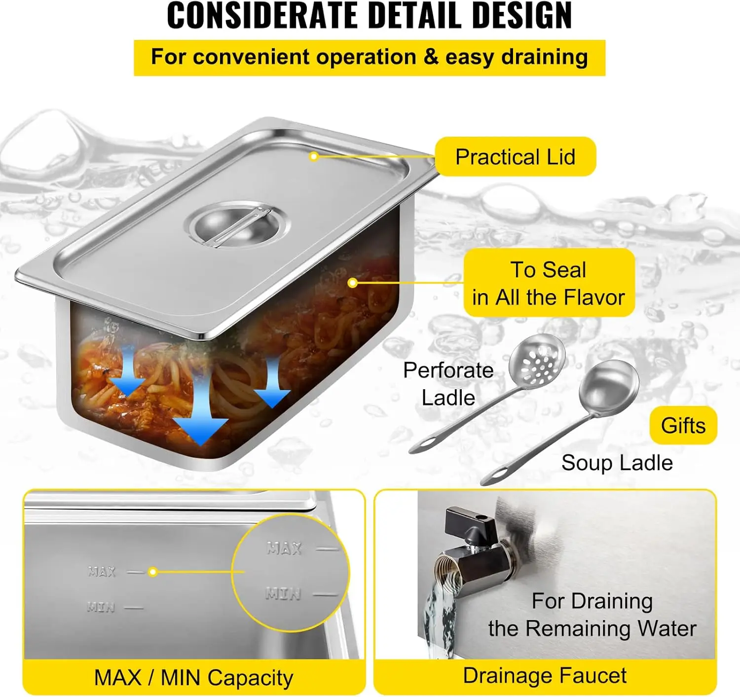 سخان طعام تجاري، 5 أطباق من الفولاذ المقاوم للصدأ باين ماري، 1 × 1/3GN و4 × 1/6GN، سعة 13.7 لتر، طاولة بخار 110 فولت 1500 وات 1