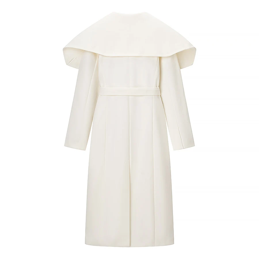 معطف نسائي طويل جديد لخريف 2025 بأكمام طويلة مع حزام وطية صدر السترة معطف صوفي ملابس خارجية نسائية #4