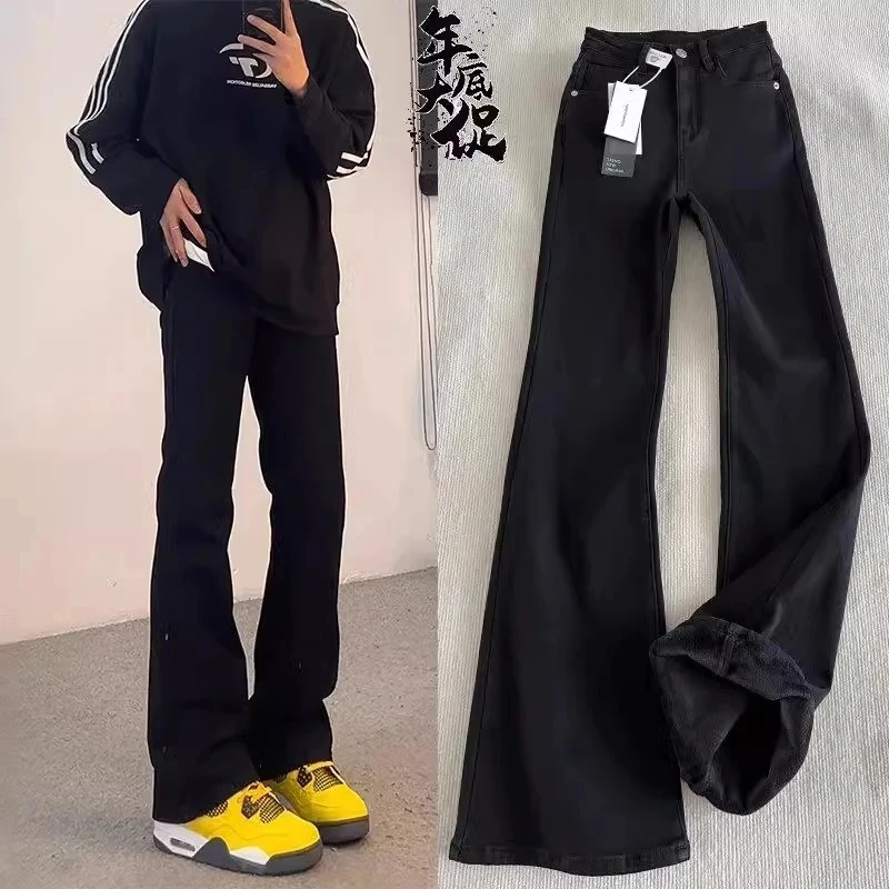 

Cleanfit Men's Fleece Lined Black Jeans Slimming High Waist Straight Leg Jeans Youthful Trendy Long Pants Cotton Polyester Blend