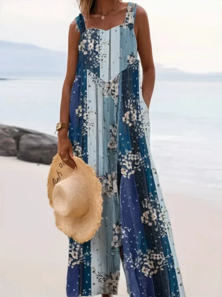 Plus Size 1XL-5XL Women's Fashionable Floral Print Loose Elegant Overalls Jumpsuit Ladies Casual Suspender Wide-Leg Jumpsuit