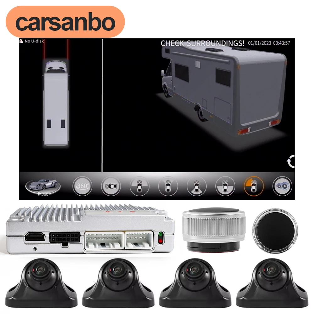 Carsanbo 1080P Universal RV Bus 360° Panoramic Car Camera System 3D Surround View Front/Rear/Left/Right View Camera DVR Recorder