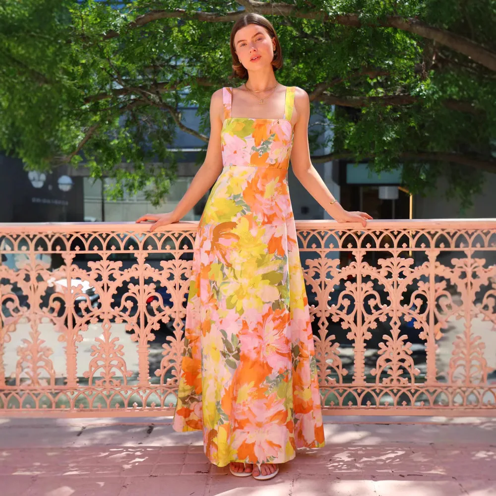 Verão novo estilo de férias europeu e americano vestido suspender flor pêndulo vestido