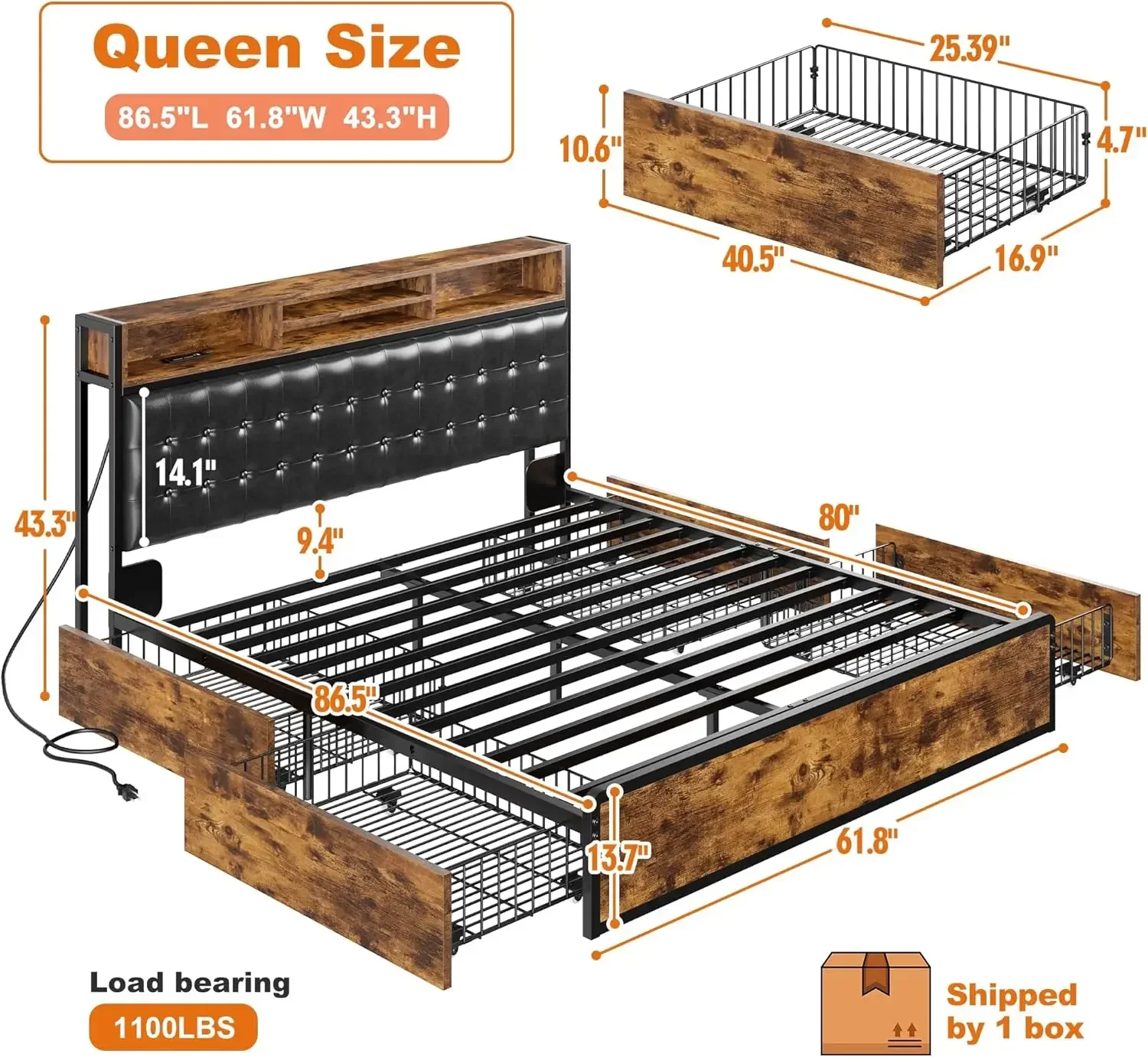 Queen Bed Frame with 4 Storage Drawers, Bed Frame Queen Size with Upholstered Headboard and Built in Charging Station
