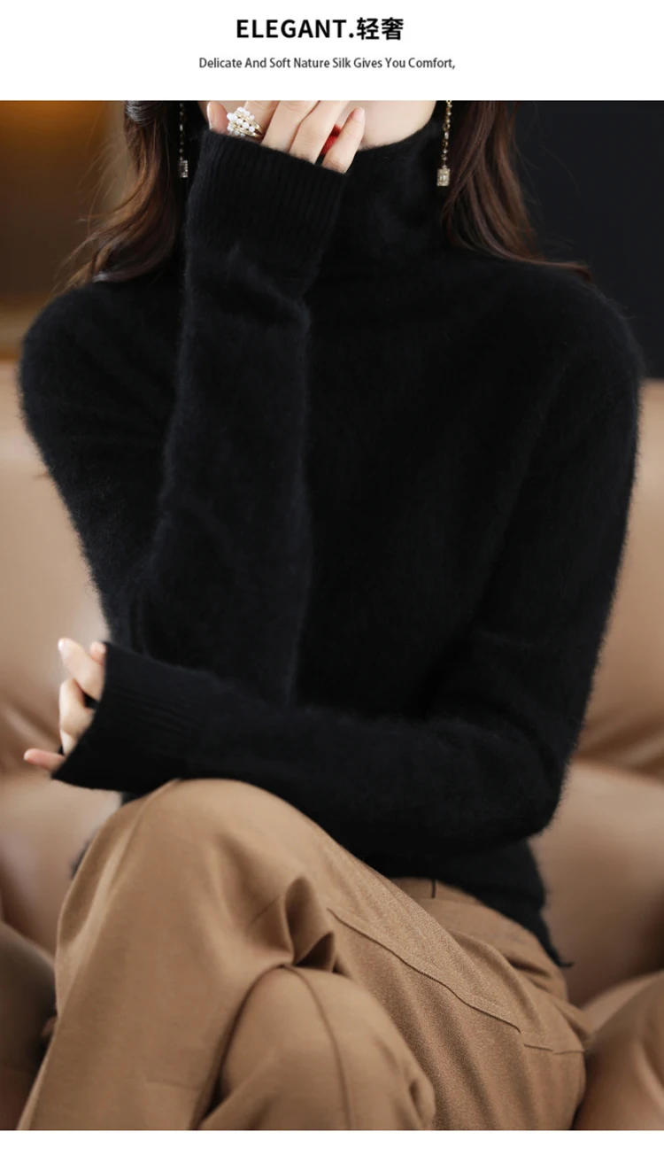 Autumn and Winter 2022 Women's High Neck Pullover 100% Pure Mink Cashmere Sweater Knitted Soft Fashion Women's Clothing