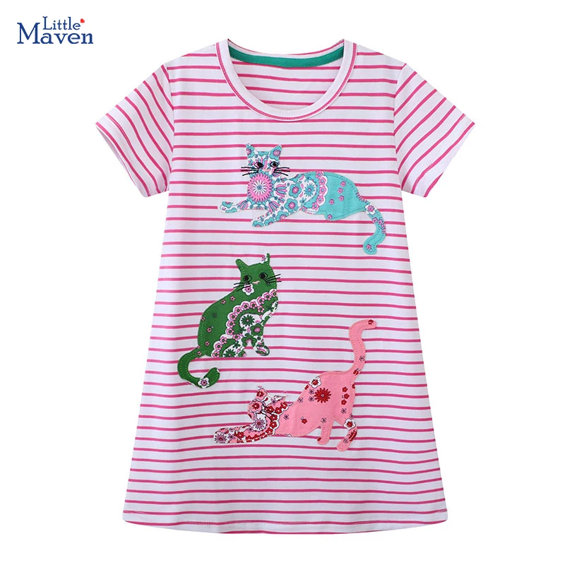 Little maven Summer 2024 Girls Kids Clothes Cartoon Embroidered Cats Princess Birthday Baby Girls Dresses Party Dress