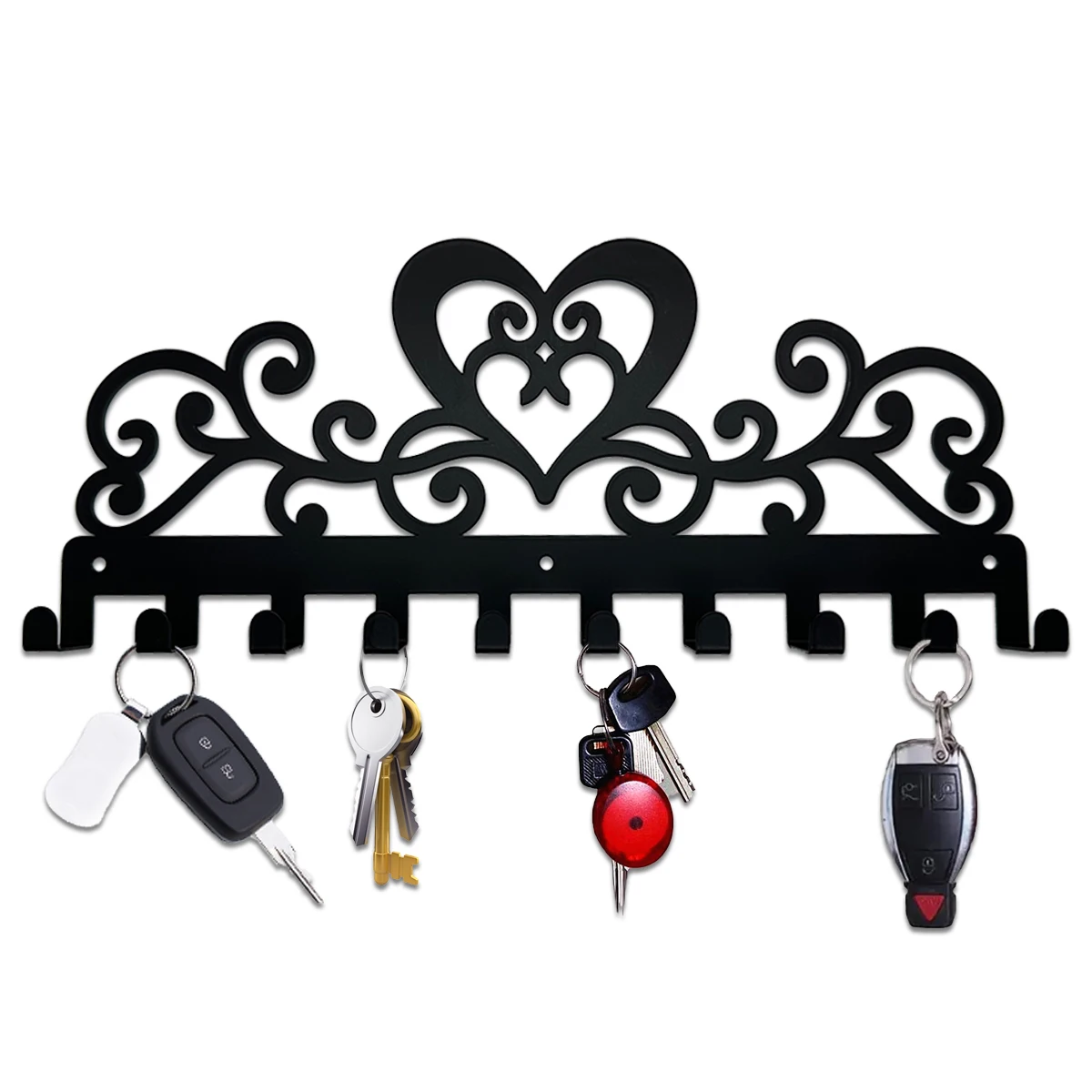 

Black Metal Key Holder 10 Hooks Vintage Vine Heart Wall Mounted Hooks Decorative Hook Organizer Rack Hanging Wall Decoration