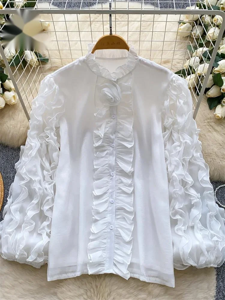 

Ruffled 3D Floral Luxury Tops Ladies Autumn Long Sleeve Party Aesthetic Fashion Shirt French Court Office Lady Blouse