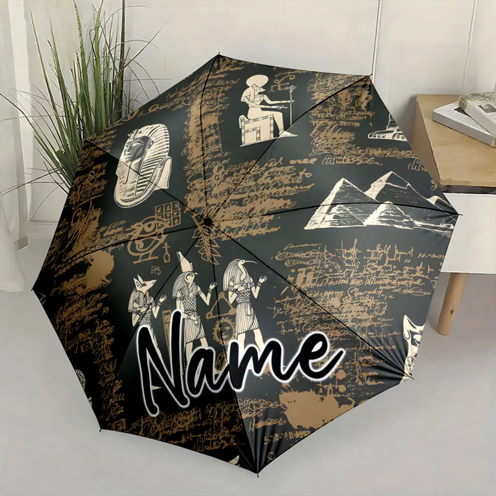 Custom Name Ancient Egyptian-Themed Umbrella Design 8 Iron Ribs Folding Umbrella Auto-Open Fashionable Sunshade Deluxe Gift