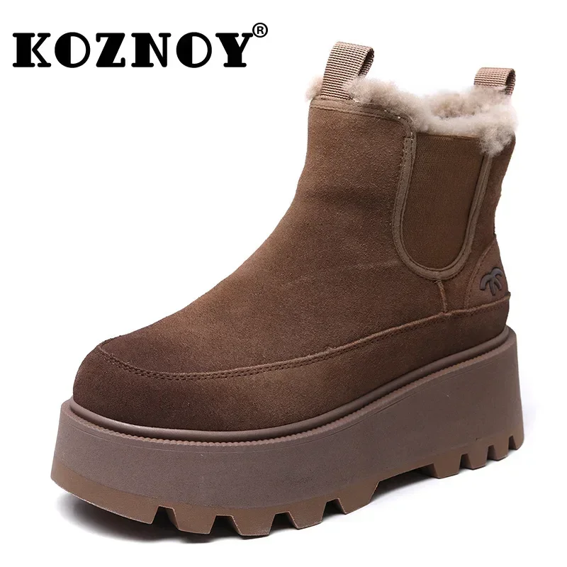 Koznoy 6cm Cow Suede Genuine Leather Women Platform Wedge Flats  Autumn Fashion Loafer Winter Plush Spring Ankle Booties Shoes