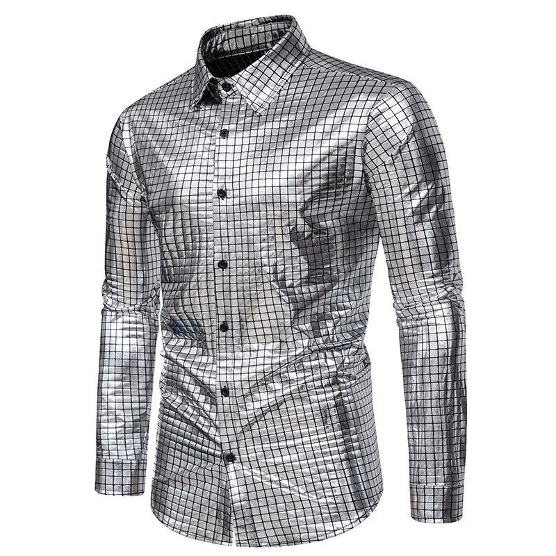 Shiny Gold Square Sequin Dress Shirts Men Long Sleeve Button Down Shiny Disco Party Shirts Male Nightclub Party Prom Chemise