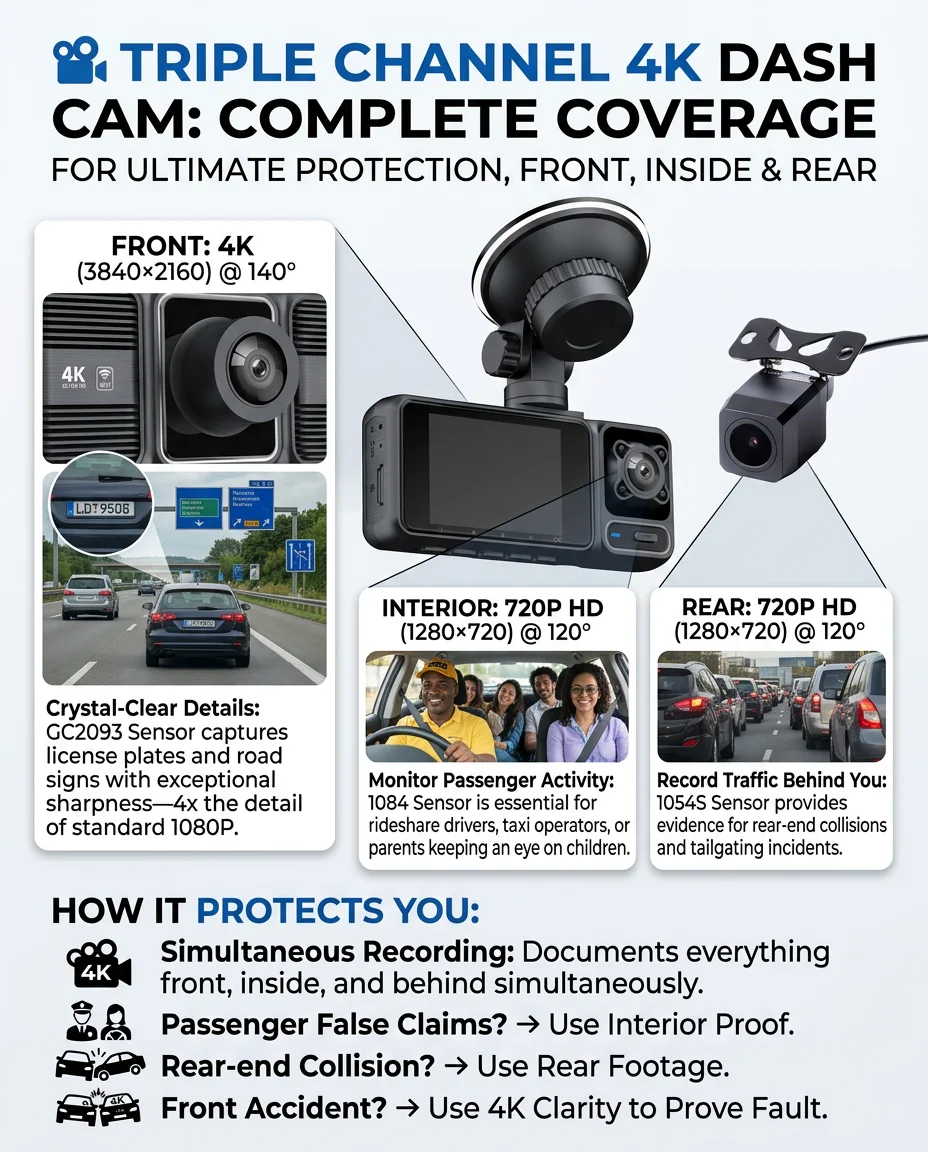 4K 2160P Dash Cam 3 Lens WiFi Car DVR Front Inside Rear Triple Camera 720P Video Recorder Allwinner G-sensor 24H Parking Monitor