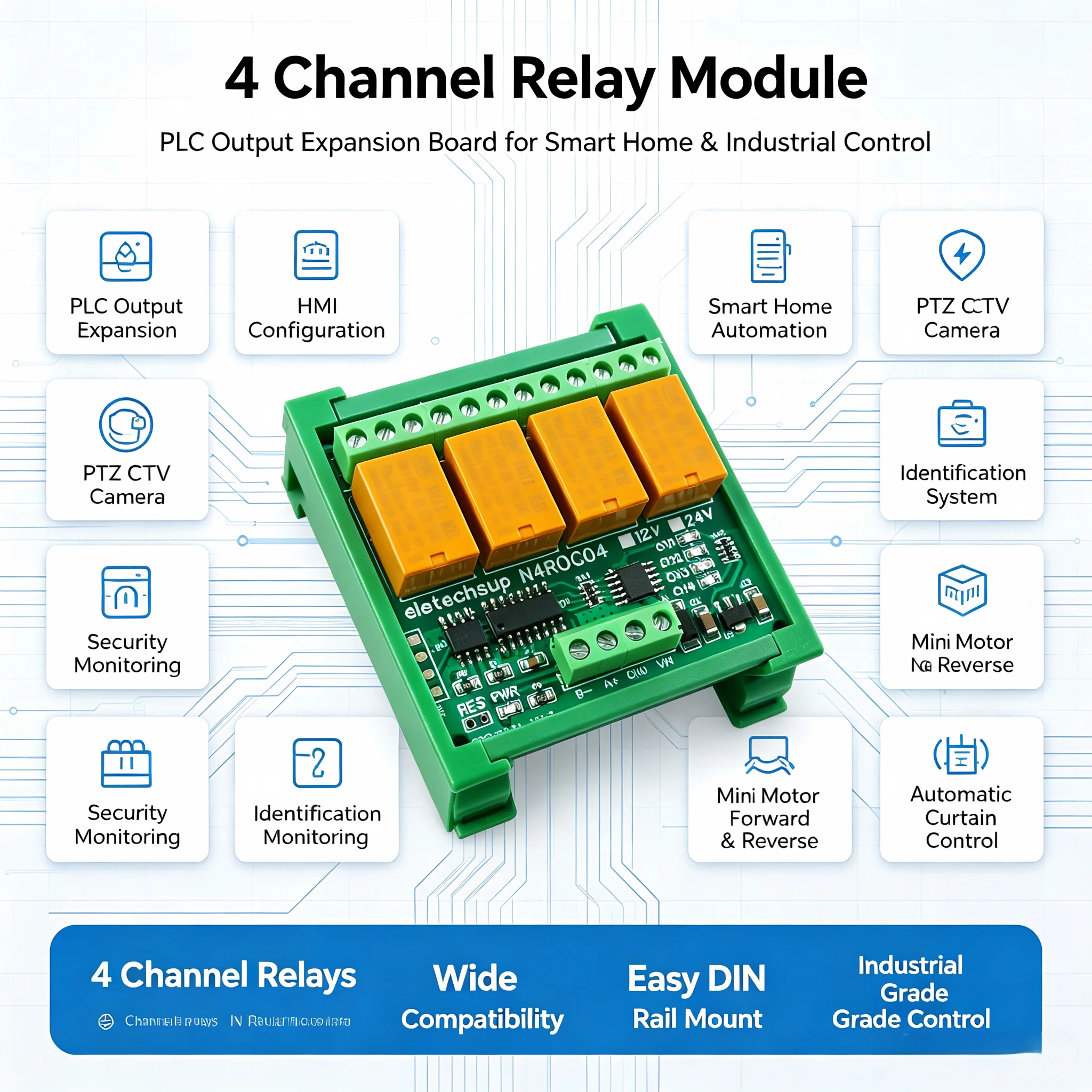4CH Modbus RTU RS485 Relay Module – DC 12V/24V Digital Output Board with NC COM NO Contacts for PLC Industrial Automation