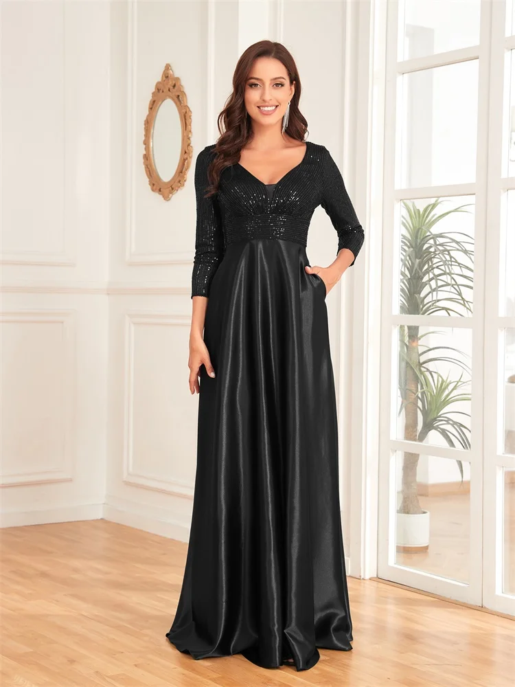 

Elegant Black Sequins Splicing Long sleeve Evening Dress luxury Women Satin Wedding Party Prom Floor Length Formal Gowns