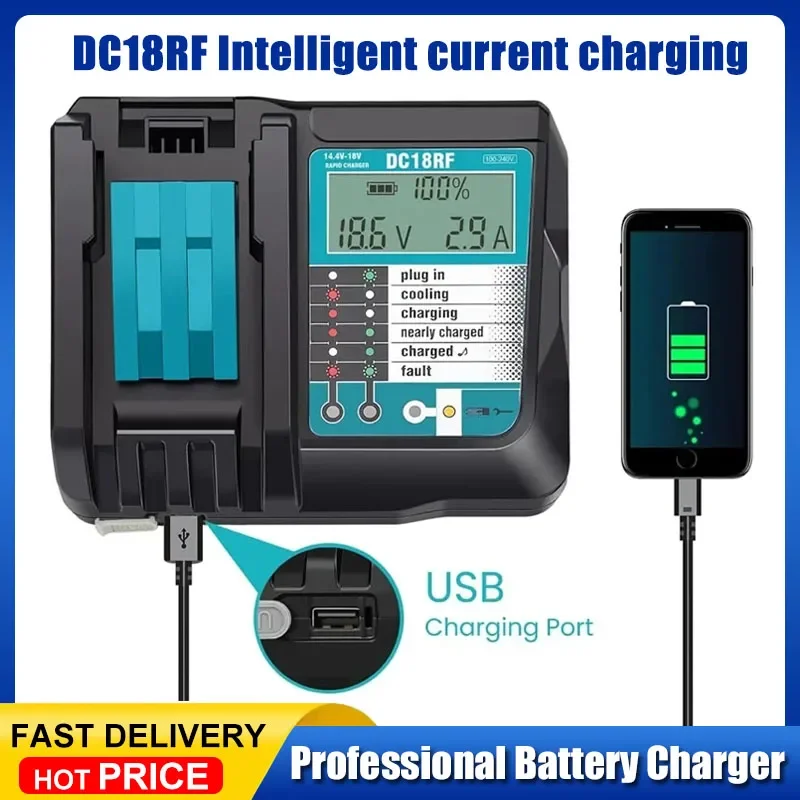 

Зарядное устройство для литий-ионных аккумуляторов DC18RF, ток зарядки 3.5А, 14.4В/18В, для BL1830, BL1430, DC18RC, DC18RA, для электроинструментов, с USB