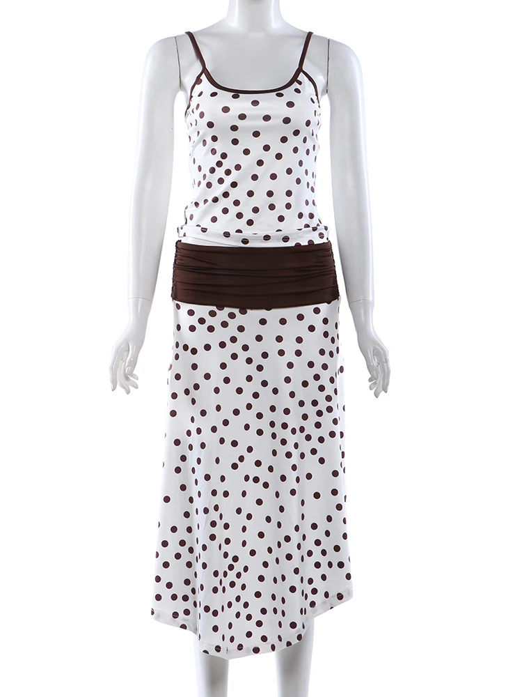 Sisterlinda Polka Dot 2-teiliges Set für Damen, klassisch, sexy Leibchen + gerafft, Patchwork, Pfirsich, Hüfte, unregelmäßiger Saum, Rock, Strandparty-Outfits