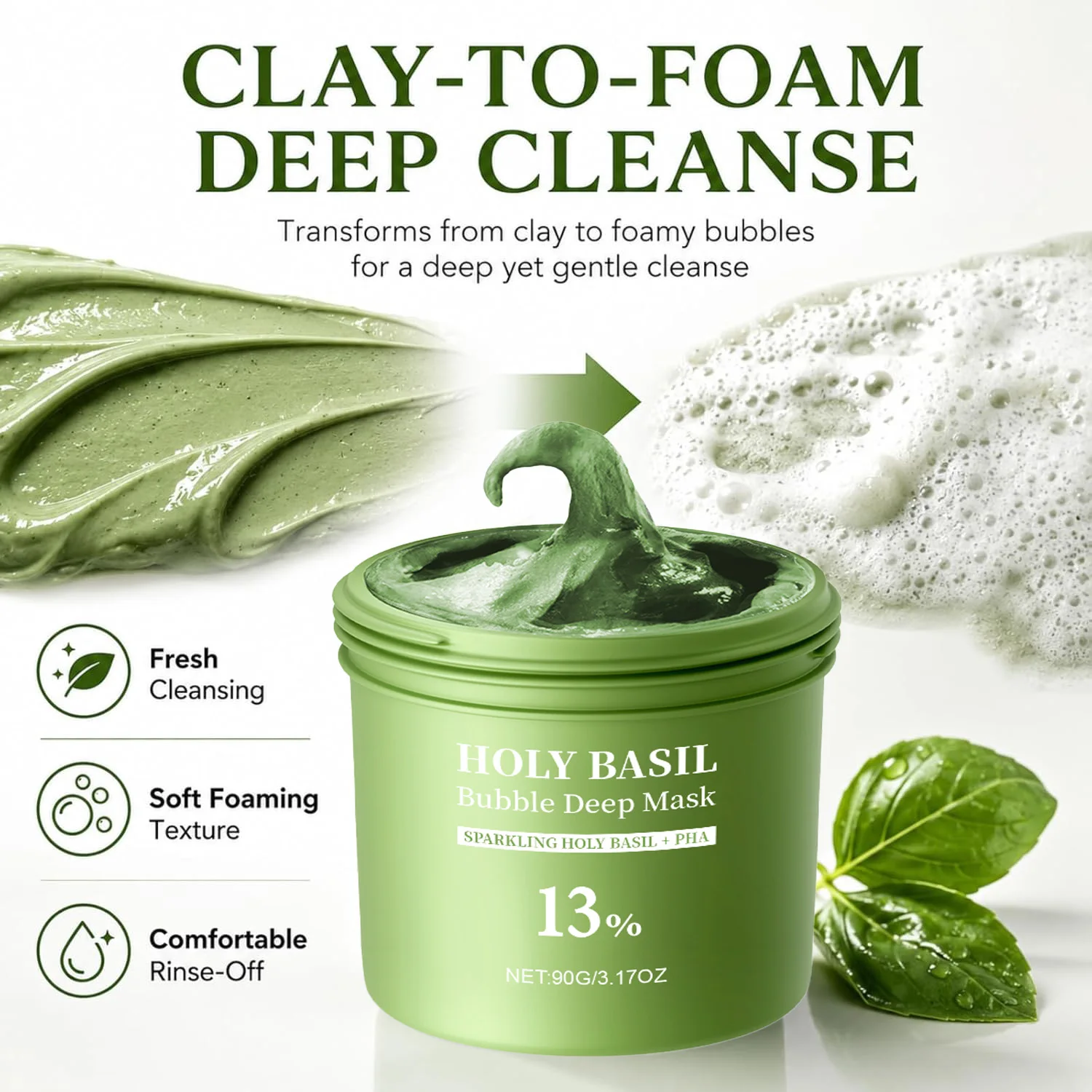 Zdjęcie 4: Maska do twarzy Holy Basil Bubble Deep Mask Clay-to-Foam z PHA i ekstraktem z Holy Basil, delikatna maska oczyszczająca i nawilżająca 90g