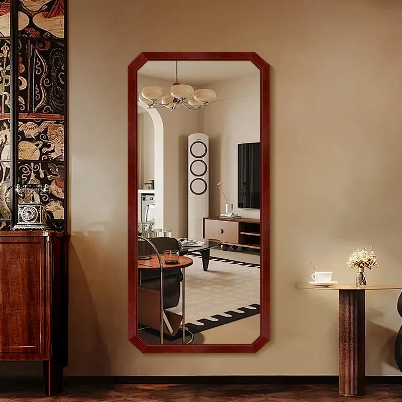 Medieval full-length mirror household wall-mounted solid wood full-length mirror clothing store large mirror octagonal retro flo