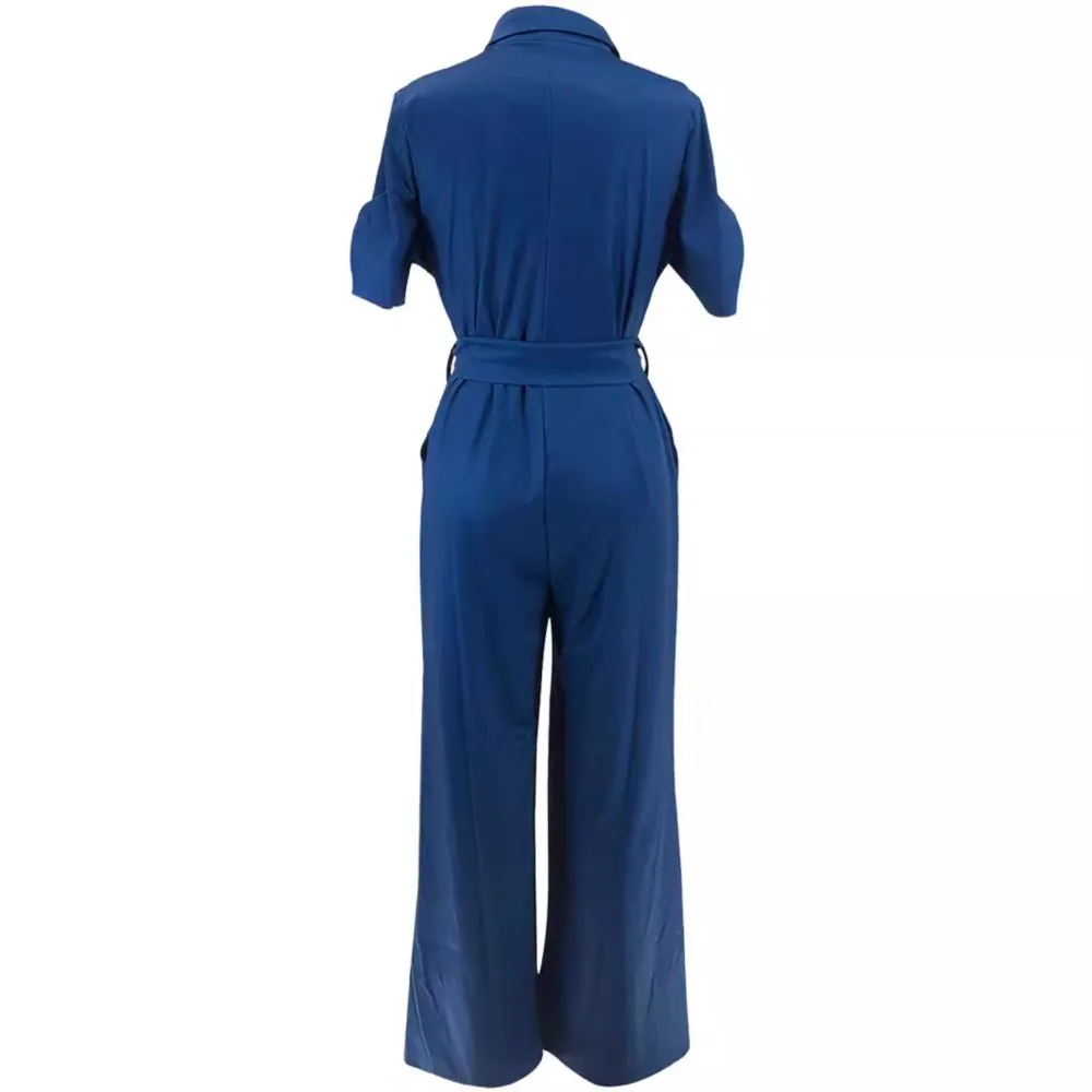 Spring Summer Fashion Printed Short Sleeved Women Jumpsuit Fashion Slim Fit Lace Up Blue Elegant Female Office Wide Leg Jumpsuit