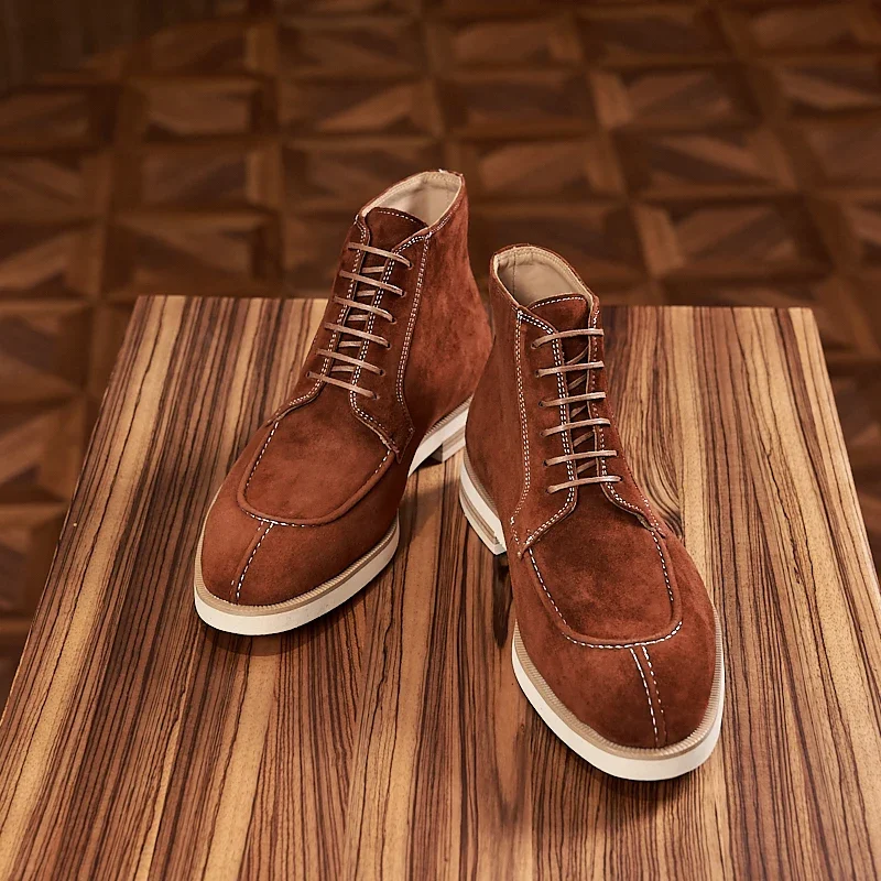 

British Men's Vintage Leather Short Boots Men's High Work Suit Thick Soled Casual Suede Leather Shoes