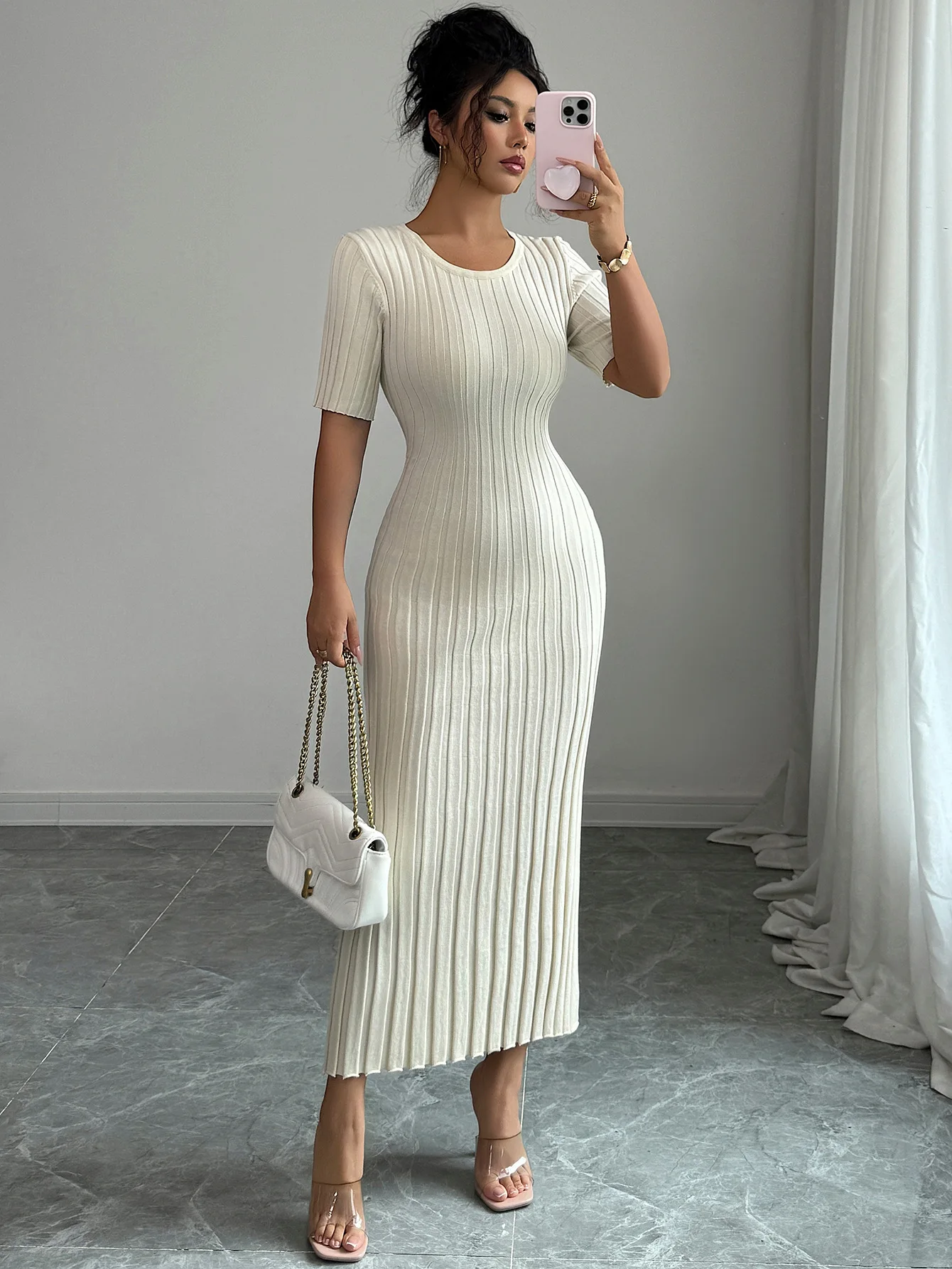 

Women's Dress Best seller Beige Ribbed Knit Midi Dress Round Neck Sleeve Bodycon Evening Dress Spring Summer