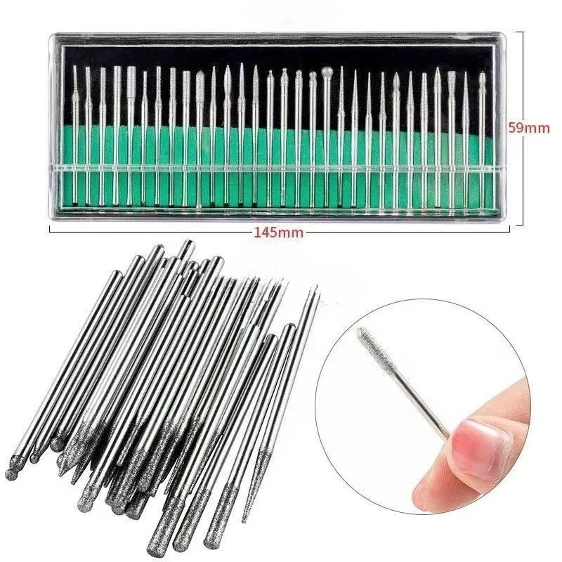

30pcs Diamond Grinding Polishing Burr Set – 2.35/3mm Shank, Fits Dremel & Rotary Tools, with Case