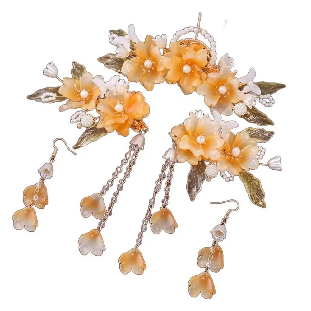

Antique Tassel Chinese Style Hairpin Set Earring Pearl Hanfu Hair Stick Headwear Alloy Flower Hair Comb Hairstyle Design Tool