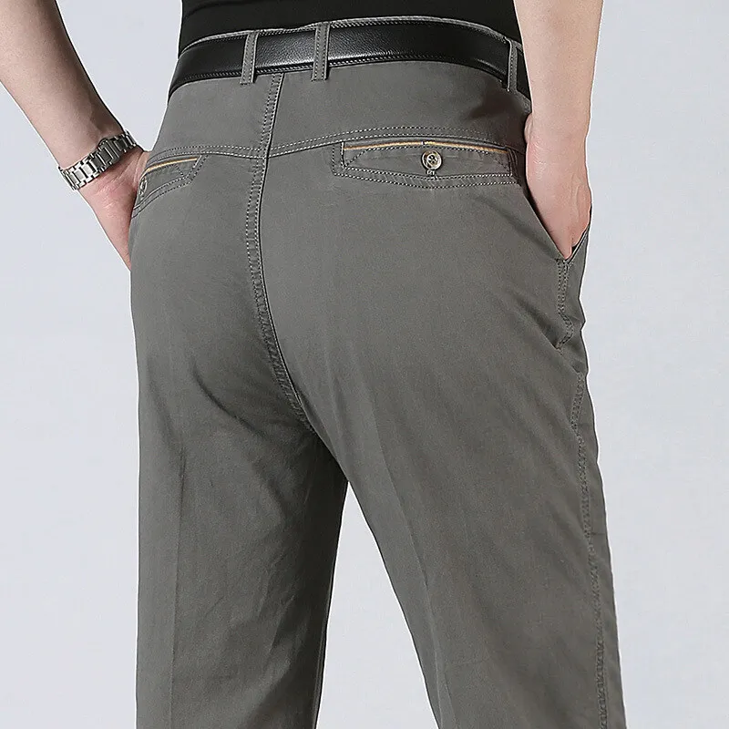Men's American Chino Pants Double Pleated Classic Fit Dress Pant Business Casual Golf Pants Pure Cotton Trousers