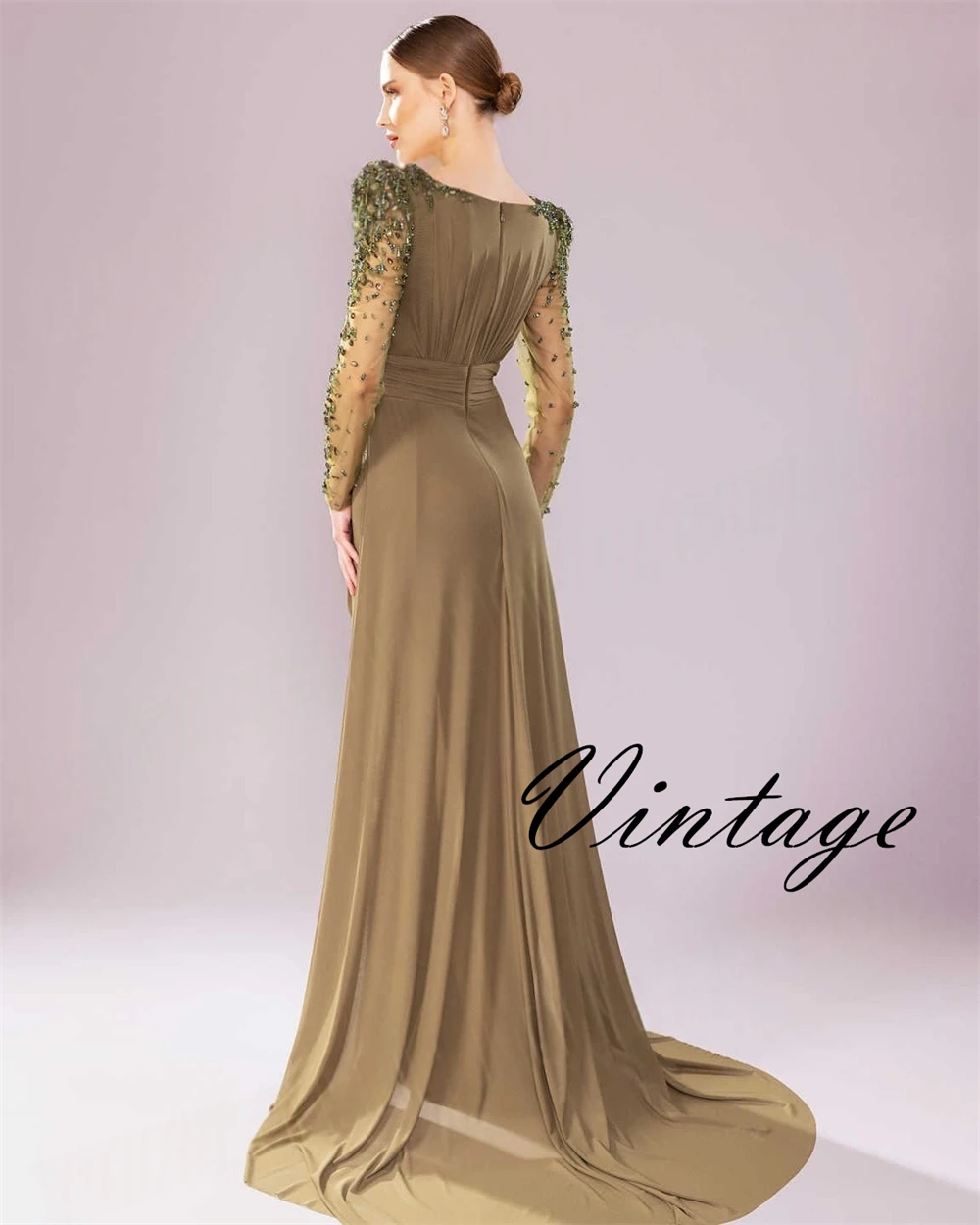 Abito da sera moderno in chiffon verde scuro personalizzato Abito da ballo squisito a maniche lunghe con scollo a cappella Abito da festa con cerniera sul retro