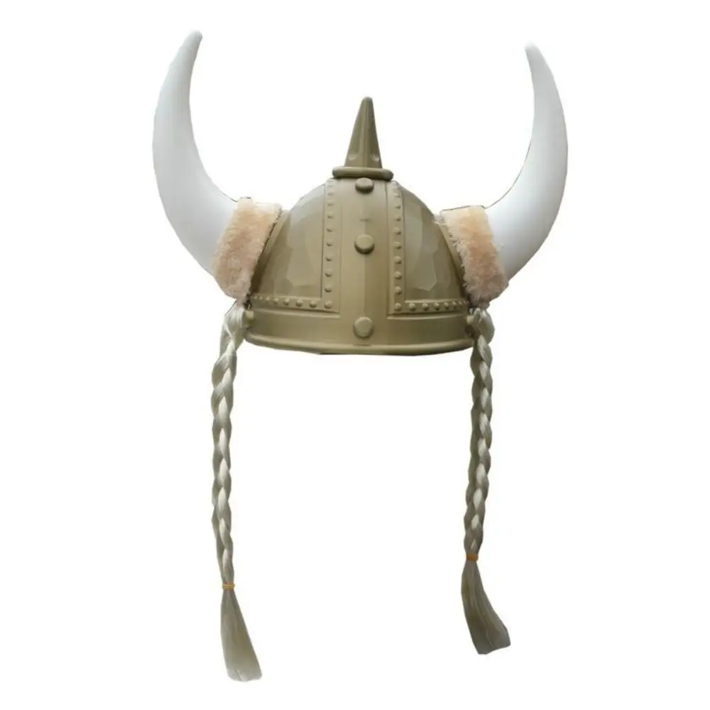 Plastic Viking Horn Hat Helmet with Braids Head Ornament Medieval Warrior Knight Hat Antiqued Retro
