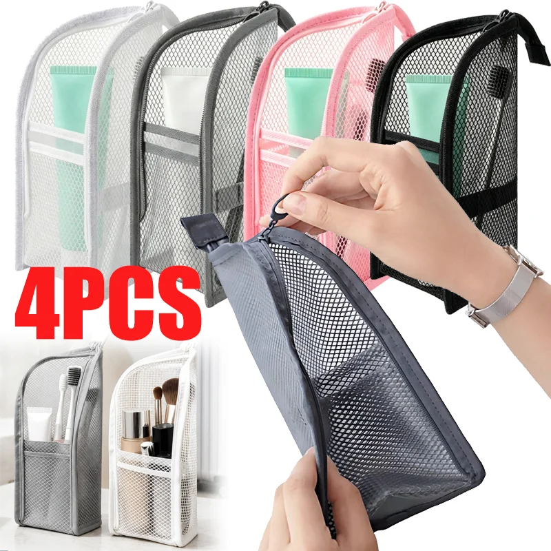4PCS Portable Standing Mesh Toiletry Bag Waterproof Travel Foldable Toothbrush Cosmetic Organizer Women Bathroom Storage Pouch