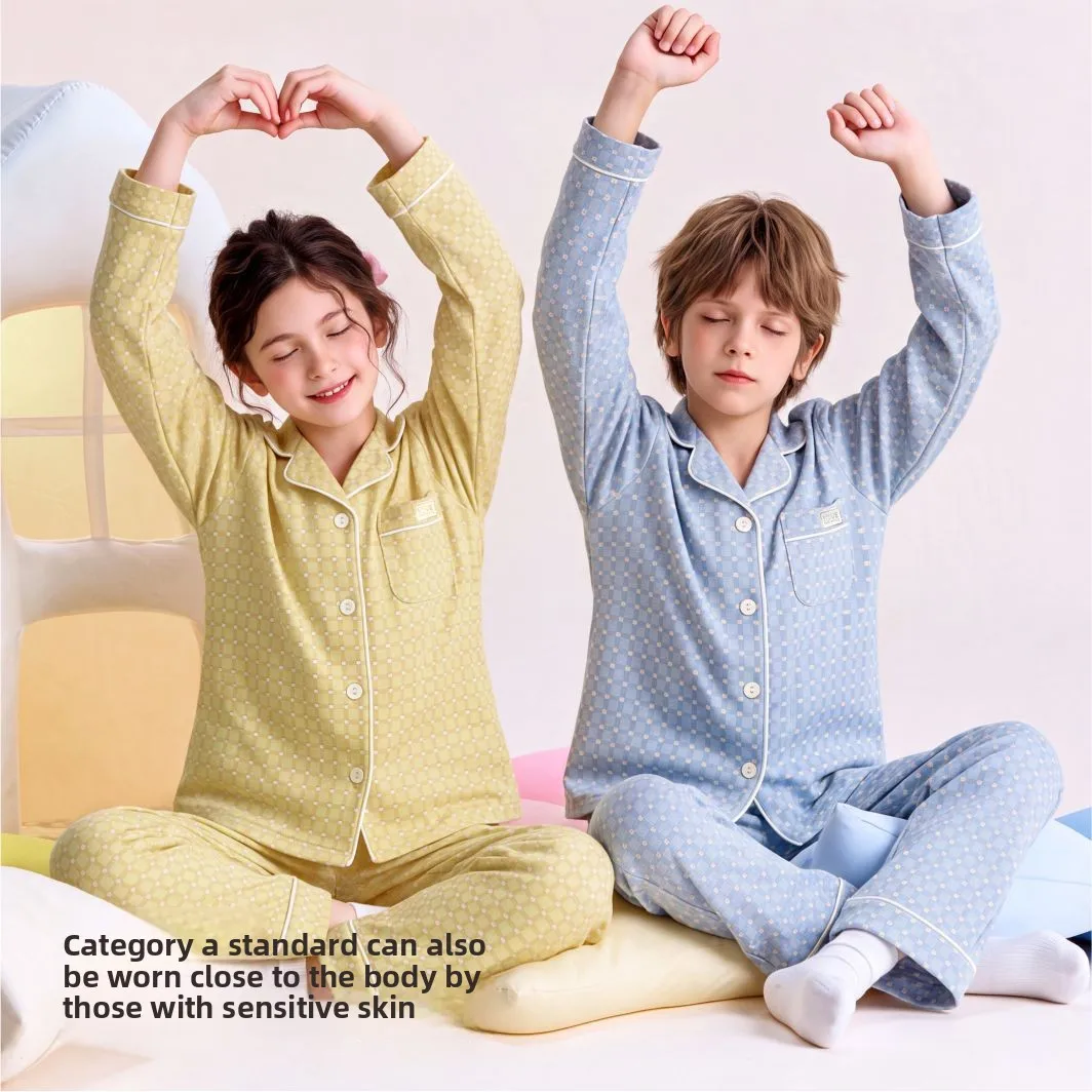 Kids Pajama Set Button Front Lapel Collar Chest Pocket Sleepwear Casual Cozy Soft Loungewear 4-12 Years Spring Autumn Clothes
