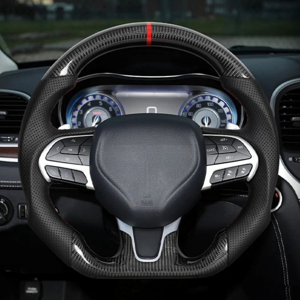 

Руль из настоящего карбона с красной строчкой по центру, подходит для Chrysler 300C 2015-2023, перфорированная кожа, гоночный руль