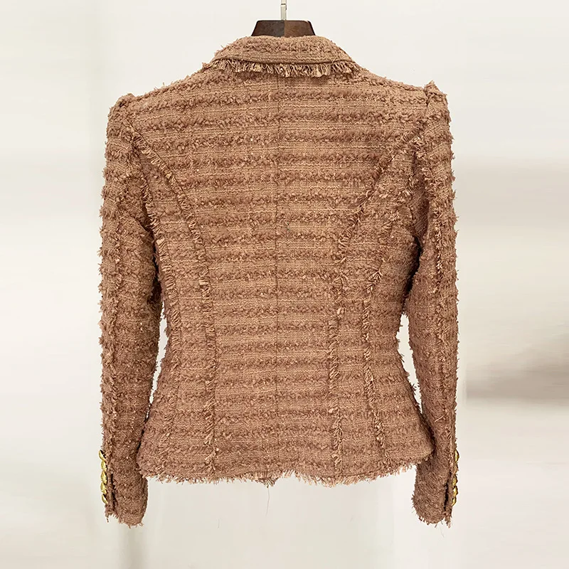 Stylish fringed tweed slim suit jacket, pink brown
