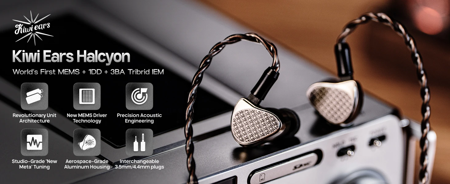 Linsoul Kiwi Ears Halcyon Weltweit erste MEMS + 1DD + 3BA Tribrid IEM-Ohrhörer mit Gaming-Boom-Mikrofon – Detail 1
