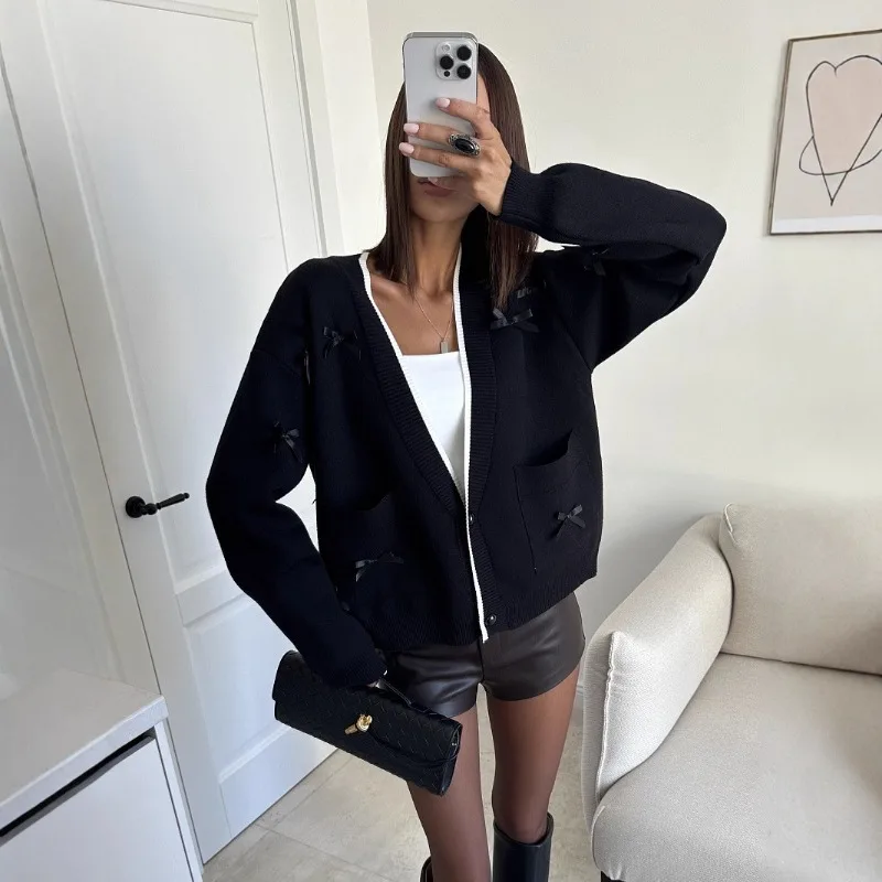 

Ticketsx Autumn V-neck Bow Contrast Knit Cardigan Fashion Loose Patchwork Outwear Sweater Casual Women High Street Knit Cardigan