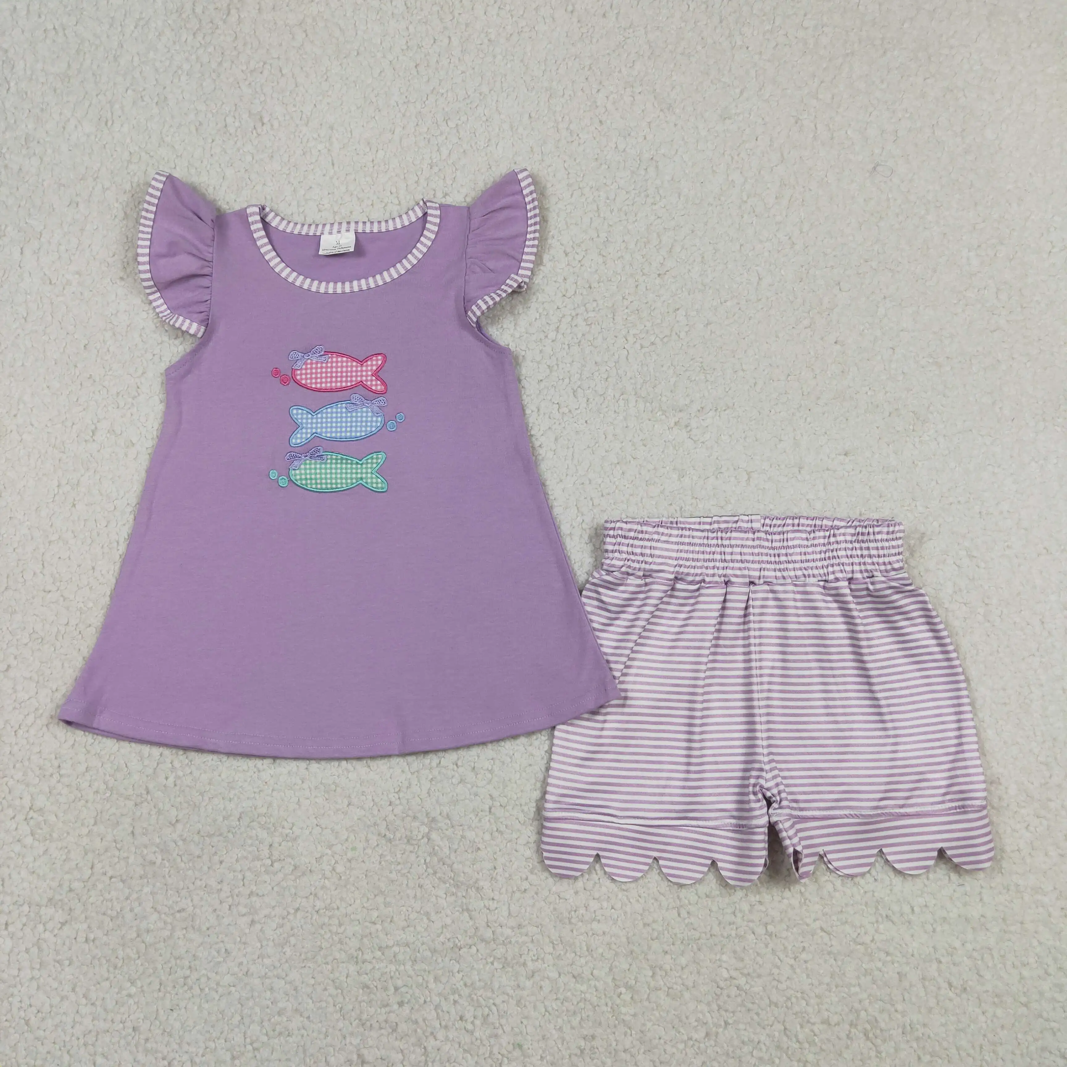 Wholesale Toddler Children Sets Kids Baby Girl Embroidery Fish Clothes Girls Short Sleeves Purple Shirt Shorts Outfits Clothes