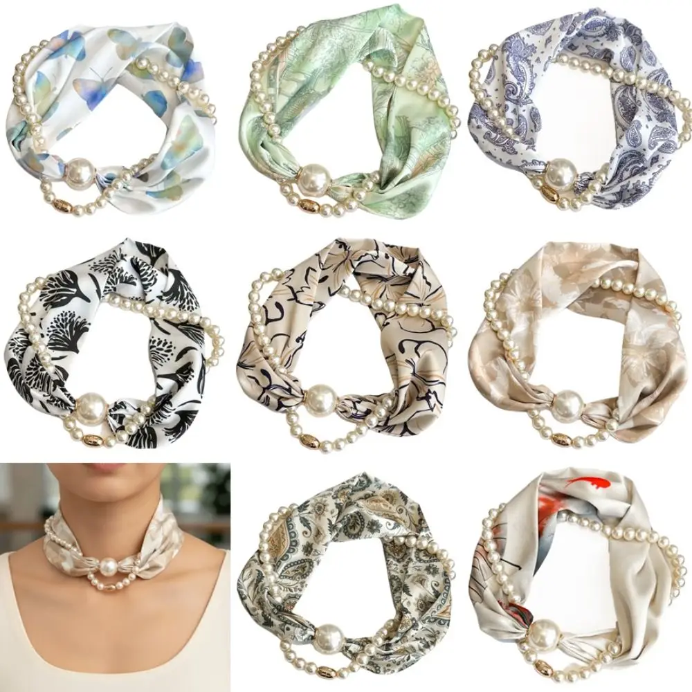 

Silk Material Magnetic Pearl Scarf Long Style Small Pearl Neck Warmer Magnetic Buckle Magnetic Buckle Scarf Summer Season