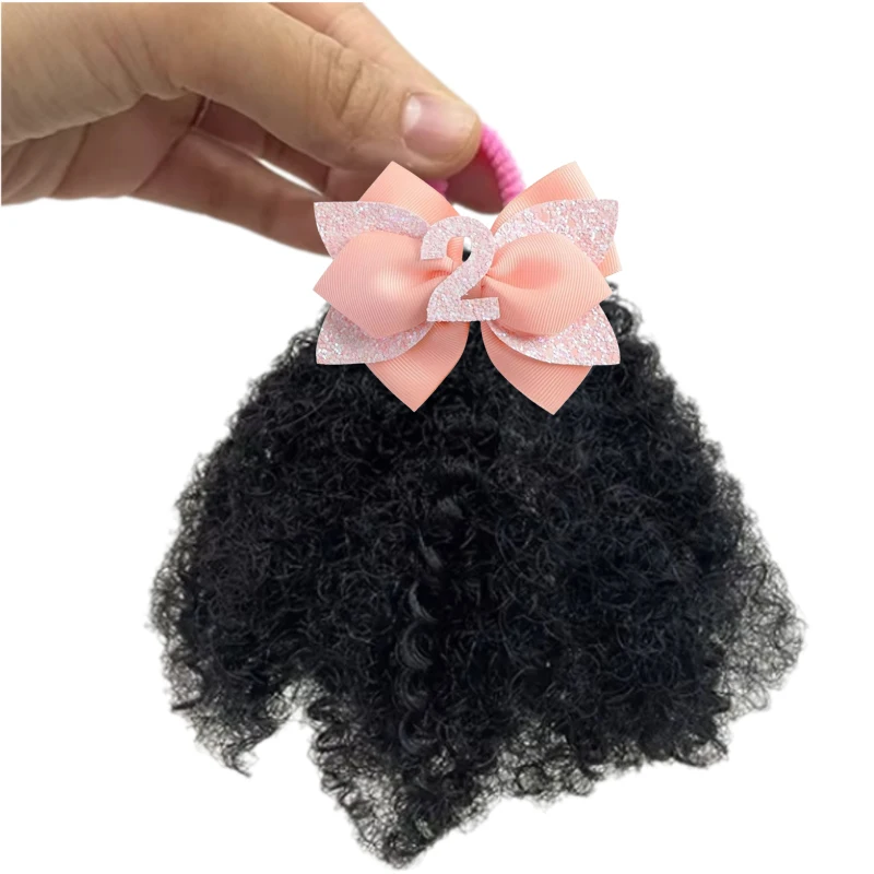 

2PACK/ Afro Puff Elastic Ponytail Hair Extension Fluffy Soft Kinky Curly Glitter Digit 1-6 Bow Clip Happy Birthday for Baby Girl