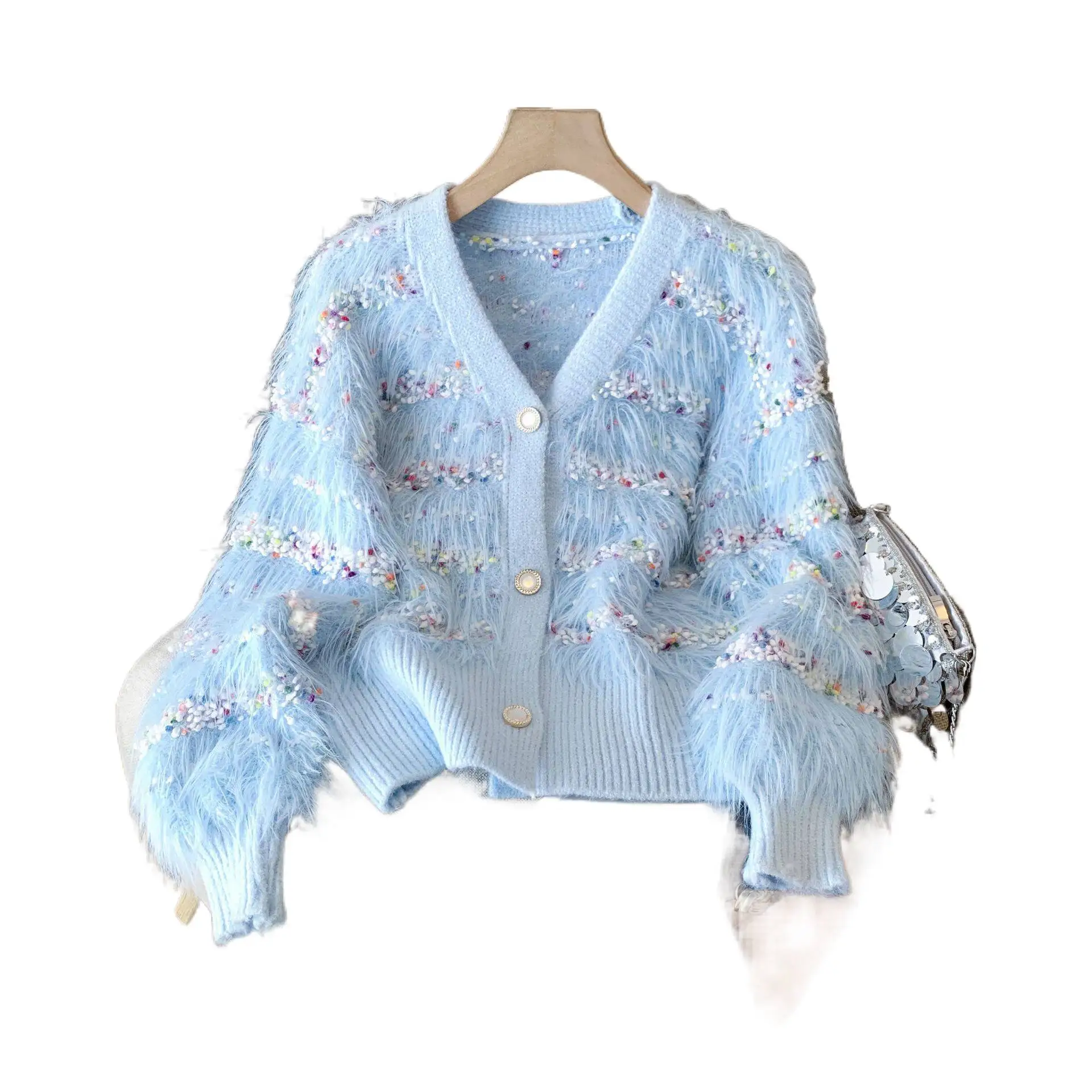 

Mink Fur Colored Dot Sweater Women's Autumn Winter Long Sleeved Knitted Loose V-neck Fashion Soft Cardigan Top
