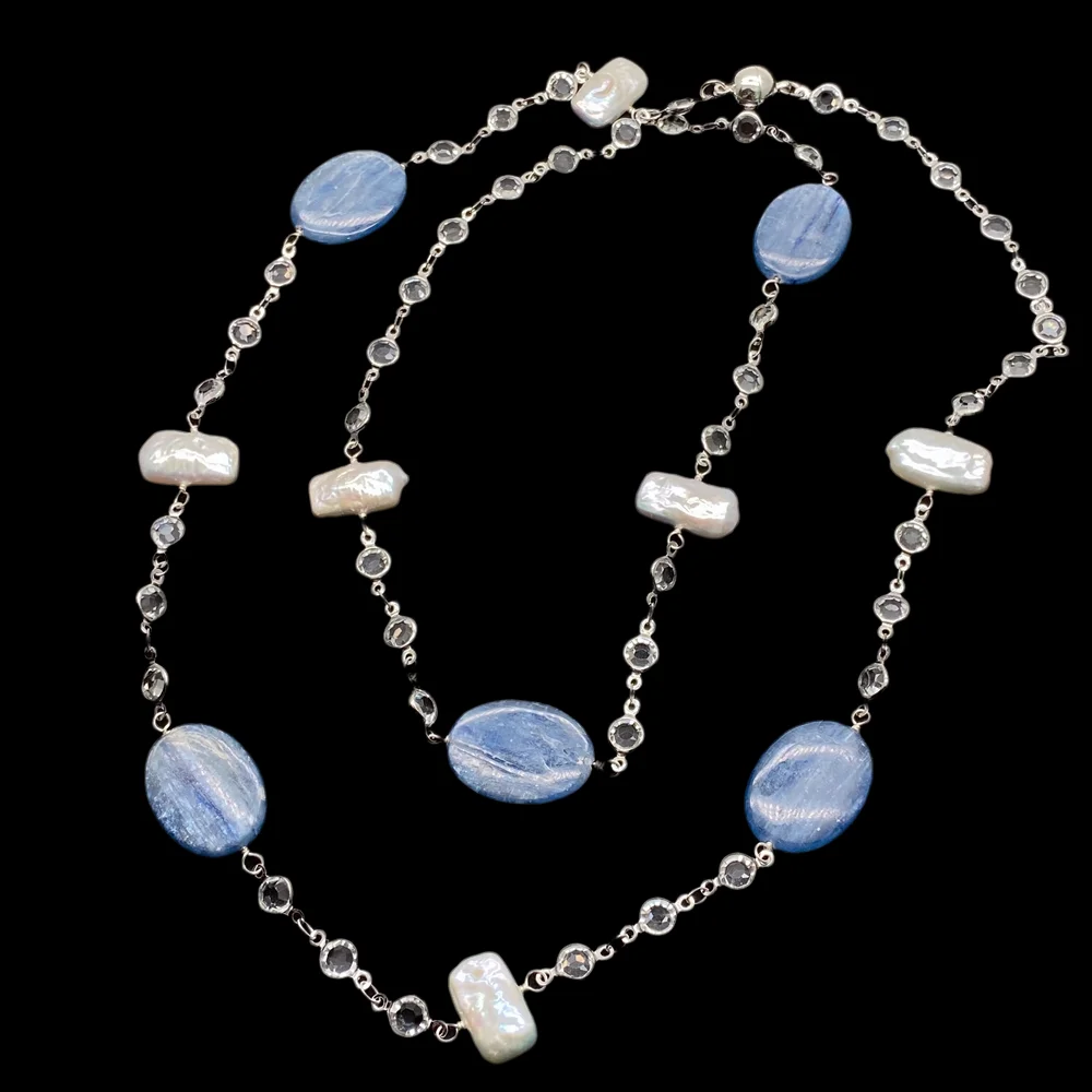 Y·YING Freshwater White Biwa Pearl Blue Oval Kyanite Station Long Rosary Chain Necklace Gemstone Jewelry Gifts