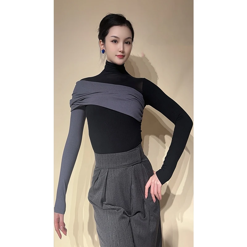 2025 Latin Ballroom Dans Tops Vrouwen Hoge Kraag Lange Mouwen Maillots Volwassen Rumba Wals Dans Kleding Club Dancewear BL 15766