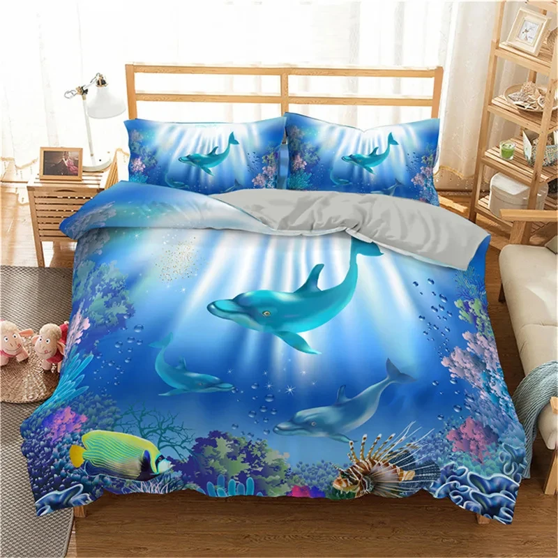 Cartoon Duvet Cover Twin Queen Size Fish Dolphin Turtle Ocean Animal Bedding Set For Boys Girls Sea Creatures Comforter Cover