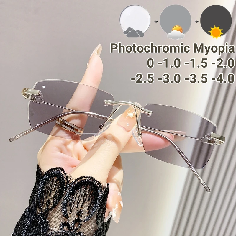 

Rimless Trimming Photochromic Myopia Glasses New Trend Women's Outdoor Eyewear Anti Blue Liht Color Changing Near Sight Glasses