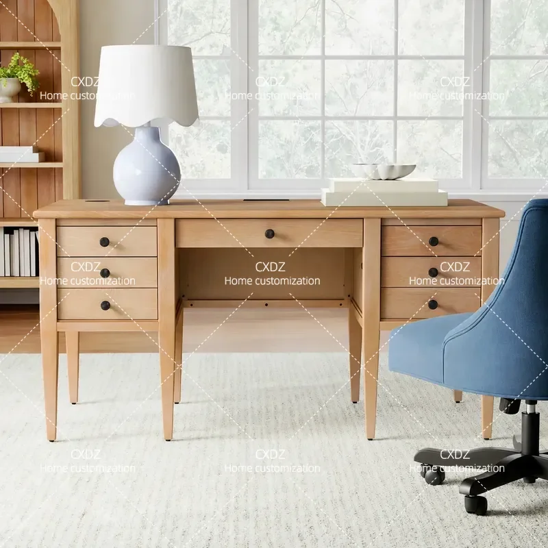 Retro Solid Wood Desk Simple Modern Multi Drawer Storage Table Home Study Computer Workstation Log Style Office Furniture