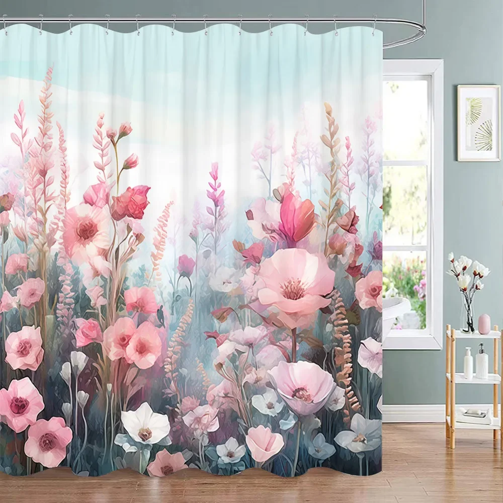 

Beautiful Botanical Floral Shower Curtain Watercolour Style Floral Landscape Washable Fabric Shower Curtains Bathroom Decoration