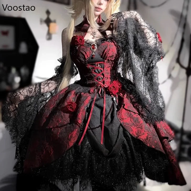 

Victorian Gothic Lolita Dress Set 2025 Y2k Retro Rose Print Bandage Evening Party Dresses With Black Lace Sleeve Elegant Dress