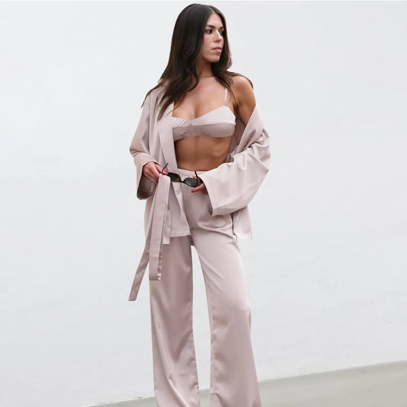2026 Autumn and Winter European American Style Sexy Satin Long Sleeve Loungewear Set Skin-Friendly Women's Pajamas with Trousers