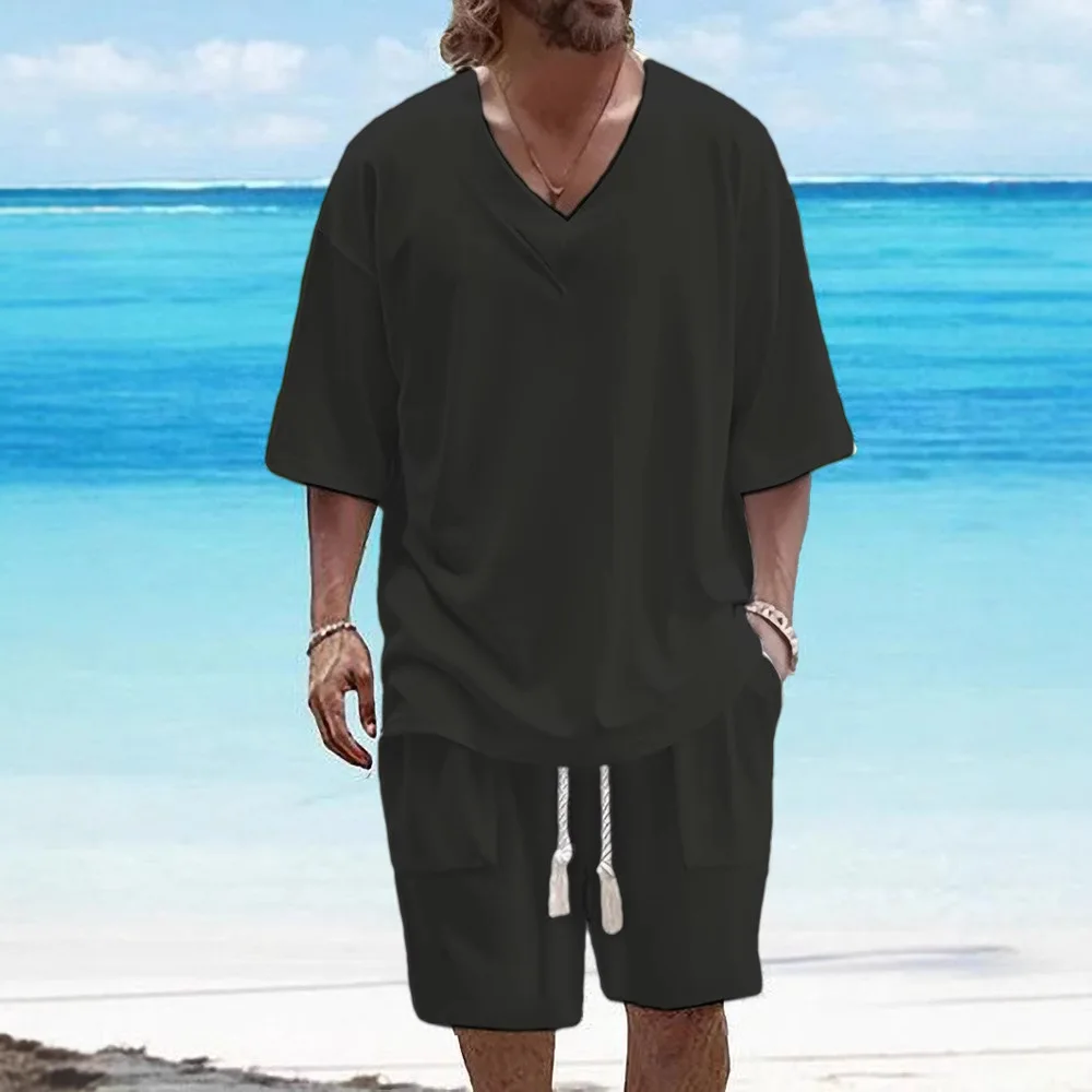 Classic Men's summer new simple casual style solid color comfortable breathable V-neck short-sleeved top tied shorts set